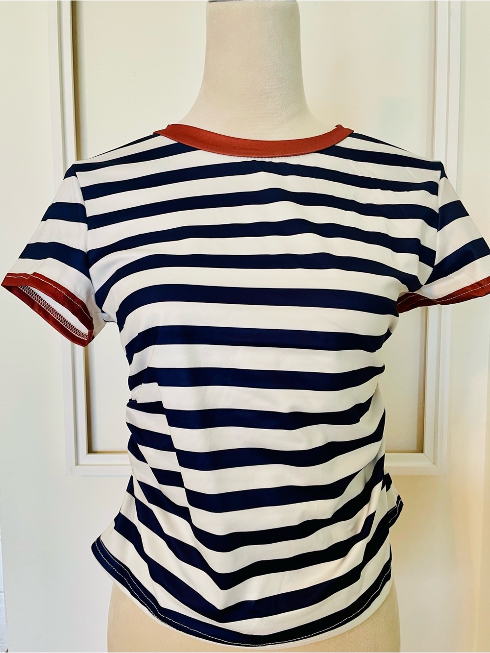 SHEIN Navy & White Striped Short Sleeve Tee with Rust Trim
